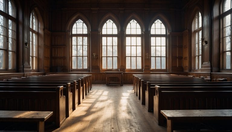 An empty wood-panelled courtroom interior with vacant benches