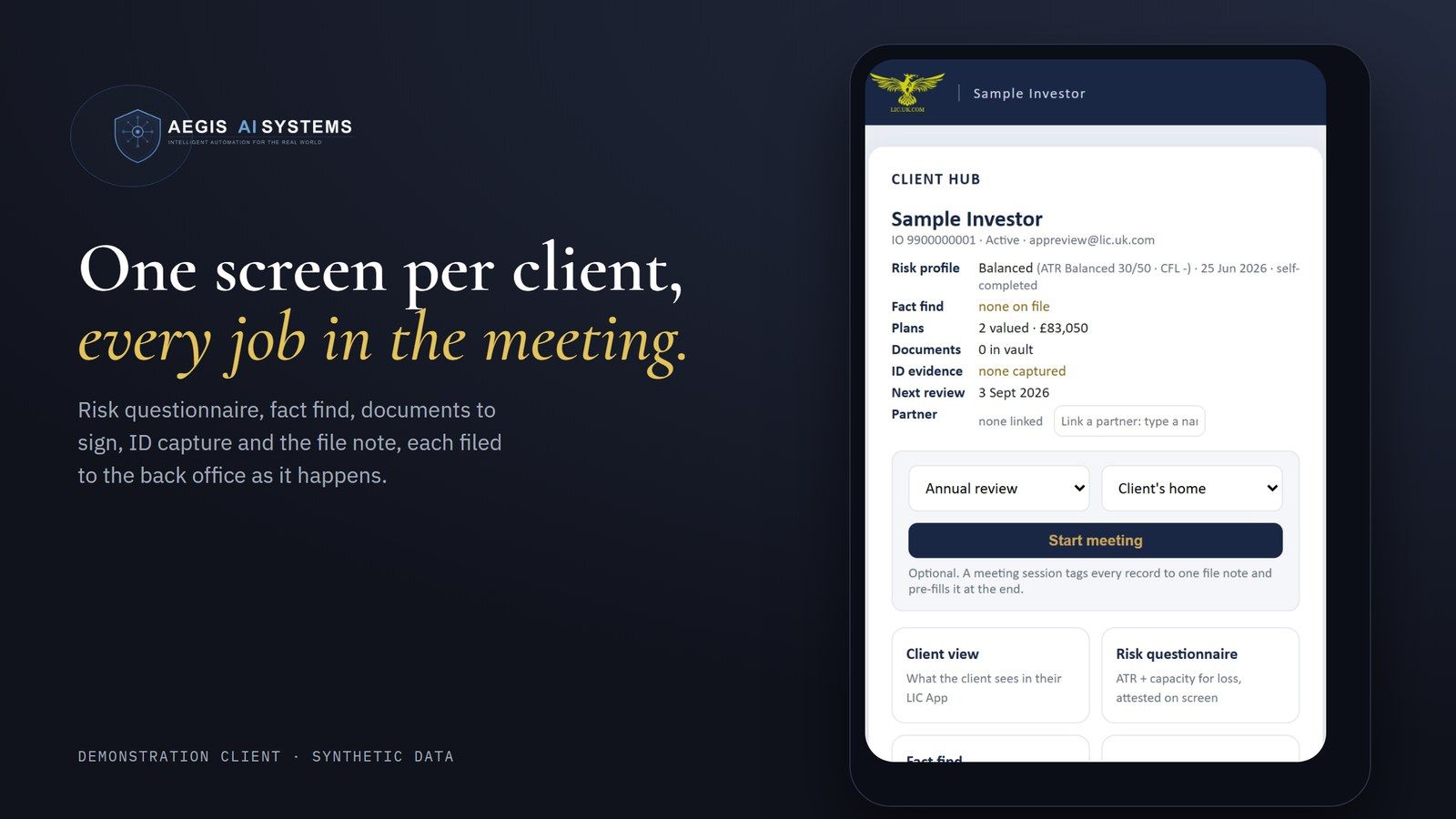 The Aegis adviser app client hub for a demonstration client: risk profile, fact find, plans, documents and ID evidence with one tile per meeting task