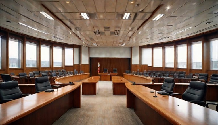 Empty modern council chamber with curved wooden desks and microphones, lit by natural daylight through large windows