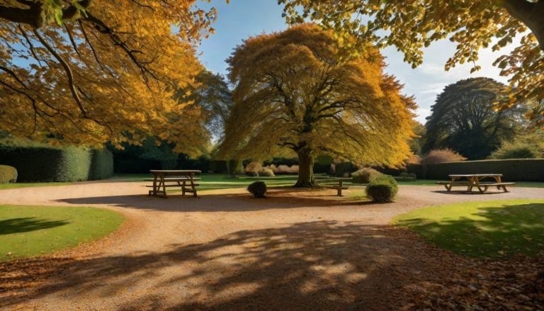 An illustrative image of a quiet English country park in autumn with golden trees, a gravel car park and a wooden play area in the distance