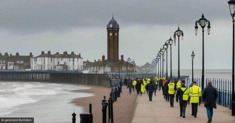 AI-generated illustration of a calm march along a seaside promenade with a clock tower, watched by police officers in high-visibility jackets