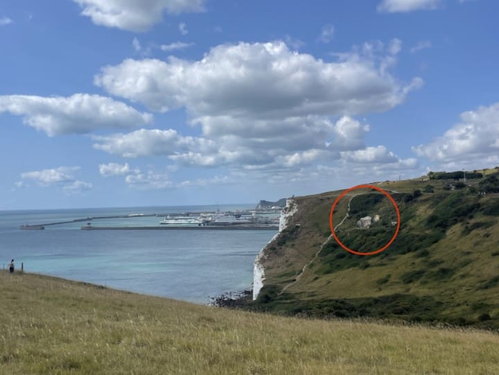 Langdon Cliffs at Fan Bay near Dover, with an area of the cliff circled in red