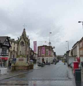 Maidstone High Street with the Queen Victoria fountain and the Town Hall