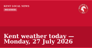 Kent weather today — Monday, 27 July 2026 — Kent Local News branded hero