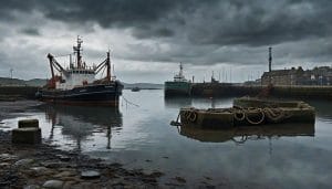 A small dredging vessel moored in a calm harbour at low tide, with stone quayside walls and an overcast sky