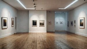 Illustrative computer-generated image of a small art gallery interior with framed works