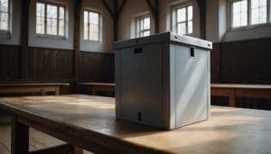 A plain ballot box on a trestle table in an empty village hall