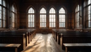 An empty wood-panelled courtroom interior with vacant benches