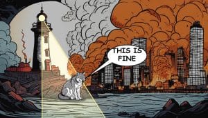 Cartoon: a wolf sits calmly in a lighthouse beam saying This is fine while the city burns behind it