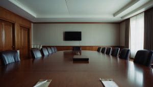A long committee table surrounded by fourteen empty chairs
