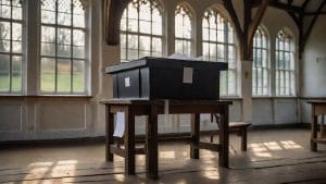 Illustrative computer-generated image of a ballot box on a table in a village hall