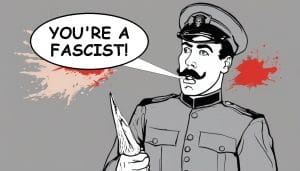 Cartoon from the GB Freedom Party post showing a uniformed dictator caricature shouting You are a fascist. Image: GB Freedom Party