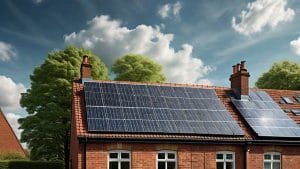 Illustrative computer-generated image of solar panels on the roof of a terraced house