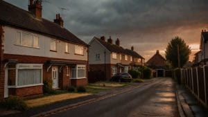 A quiet British suburban residential street at dusk, with warm light in the windows of brick semi-detached houses