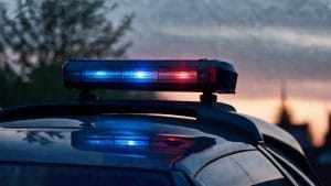 Illustrative computer-generated image of the blue light bar on a police vehicle at dusk