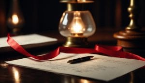 A formal sealed legal document tied with red ribbon on a wooden desk