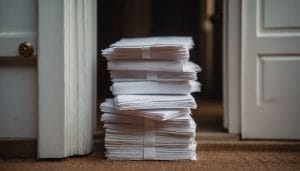 A tall stack of unopened envelopes piled on a doormat