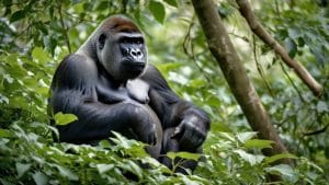 Illustrative computer-generated image of a western lowland gorilla among green foliage