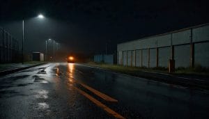A large articulated lorry parked on an industrial estate road at night with a wheel clamp fitted to its front wheel, photographed under orange street lighting