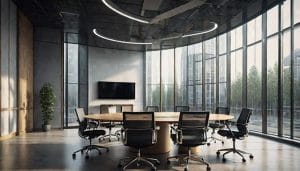 An empty modern council meeting room with a large oval table, chairs and a wall-mounted screen showing abstract data graphics