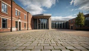 Exterior of a generic modern British civic building with a paved plaza and low hedging under clear daylight, illustrative image