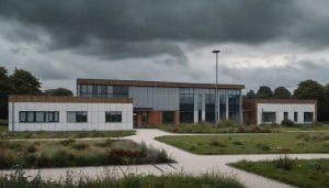 A modern mental health facility building set within landscaped grounds under an overcast sky, illustrative image only