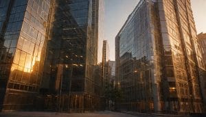 Illustrative image of a modern glass office building exterior representing a financial institution, with no people or signage visible