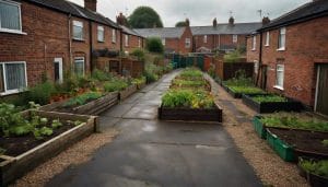 A quiet residential street in an English town with terraced houses and a small community garden, illustrating themes of neighbourhood health and housing