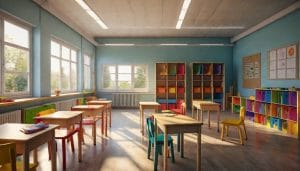 A bright, empty primary school classroom with wooden desks, colourful resources on shelves and large windows