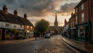 Illustrative image of a quiet English market town with brick buildings and green land on the outskirts, representing a borough planning for future housing growth