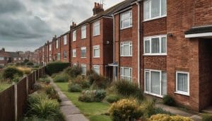 Row of red-brick British social housing terraced properties with small front gardens under a cloudy sky