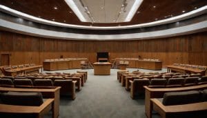 Empty modern British council chamber with curved wooden seating and a central dais, illustrating local government decision-making