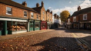 An empty English market town high street with traditional brick buildings and autumn leaves on the ground