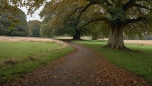 A quiet English country park in early autumn with open grassland, mature trees and a winding gravel path under overcast skies