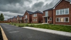 A row of newly built affordable housing units with brick facades and small front gardens under an overcast sky