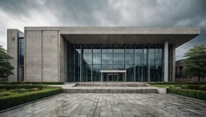 Exterior of a generic modern British civic building with a stone and glass facade and landscaped forecourt, illustrative image