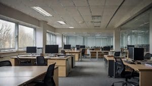 Empty open-plan office with rows of desks and computers, representing a local council workplace