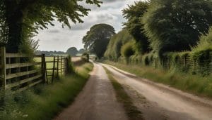 A quiet rural lane in Kent with hedgerows and a cleared brownfield plot under overcast summer skies