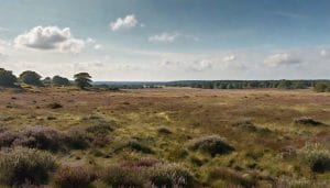 Open heathland landscape with low scrubby vegetation under a pale blue sky, illustrative image