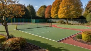Illustrative image of a public sportsground showing outdoor gym equipment, colourful tennis courts and a mini-golf course surrounded by trees and grassland