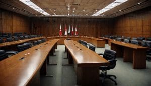 Empty modern council chamber with curved wooden desks, microphones and overhead lighting