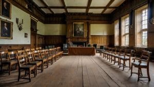 An empty local council committee room with wooden chairs, a long table and papers, lit by natural light from tall windows