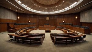 Empty council chamber with curved wooden seating tiers and a central dais under soft overhead lighting