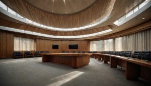 Empty modern council chamber with curved wooden desks and microphones, illustrative image