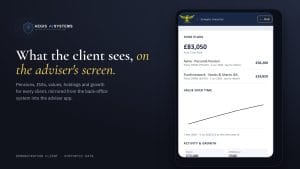The Aegis adviser app showing a demonstration client pension and ISA valuations, value over time, growth and holdings