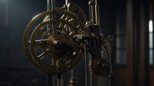 A brass clock mechanism stopped mid-turn, its pendulum held by a single pin, representing the Government pause of local government reorganisation