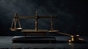 Abstract still life of a brass balance scale tipped out of level, representing a budget overspend