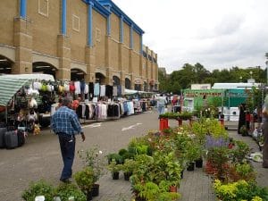 Market stalls at Lockmeadow, Maidstone, with the car park alongside