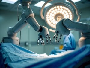 Illustrative AI-generated image of a robotic surgical system in an operating theatre