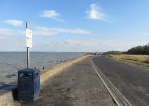 The sea wall and coast road at Shellness Road, Leysdown-on-Sea, on the Isle of Sheppey